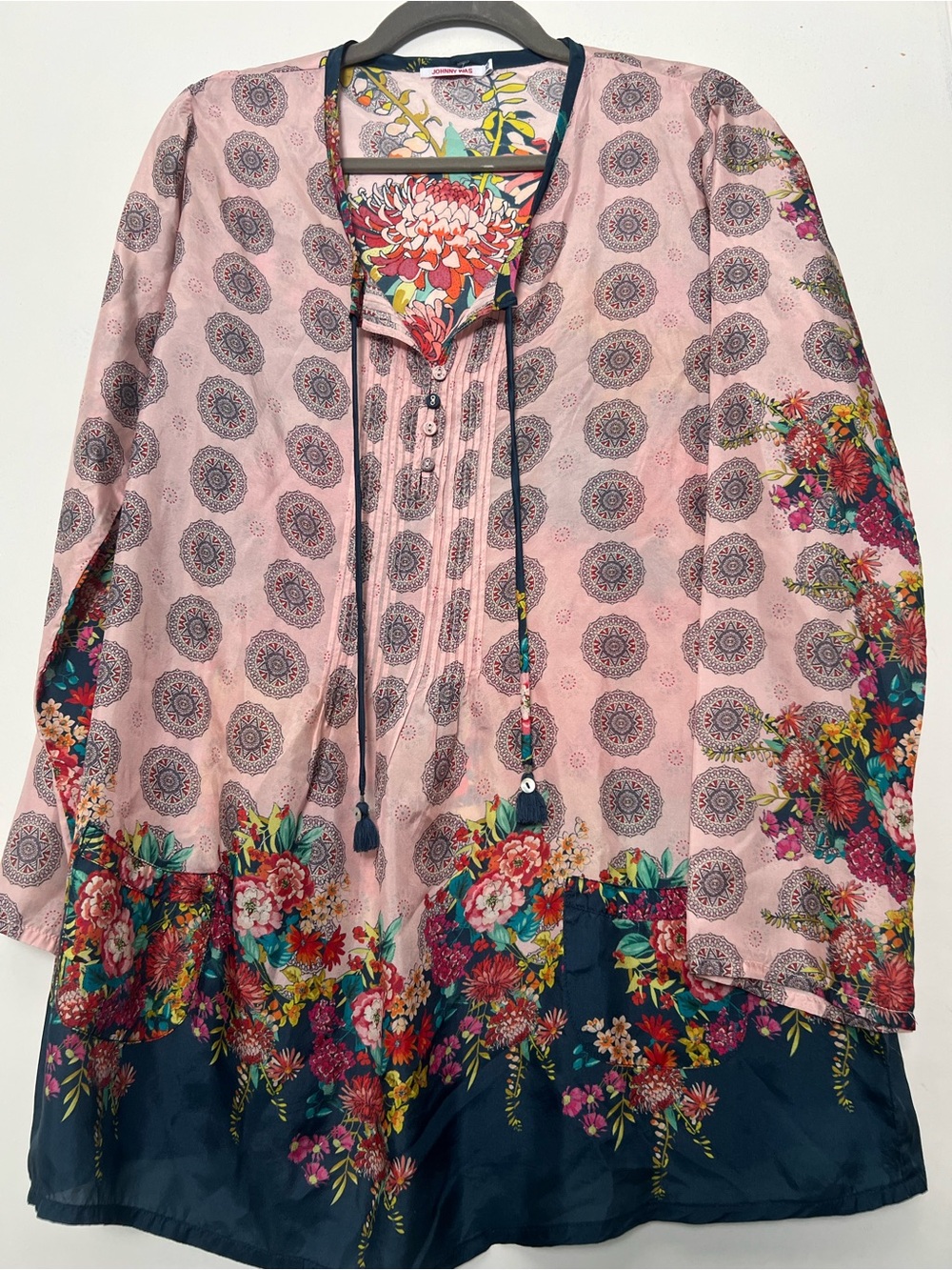 Johnny Was Pink Floral Medallion Blouse with Yellow & Navy Accents 100% Silk